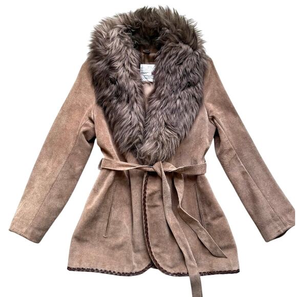 Vintage 70s S.H.G Penny Lane Suede Coat Lamb Fur Collar UK 10 Boho Chic Indie - Picture 1 of 16